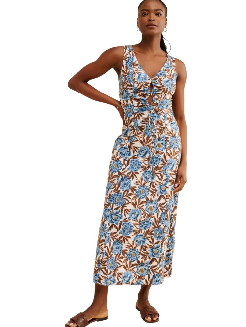Anthropologie Madewell Tessa Blue & Brown Cotton Maxi Dress‎ Size 2